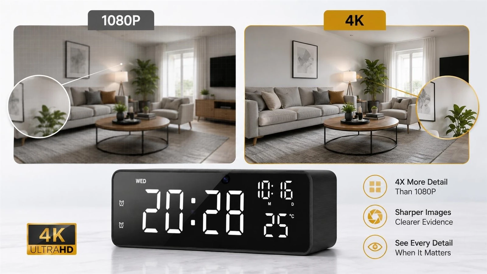 1080P vs 4K hidden camera image quality comparison showing detail and digital zoom differences 1080P vs 4K hidden camera image quality comparison showing detail and digital zoom differences